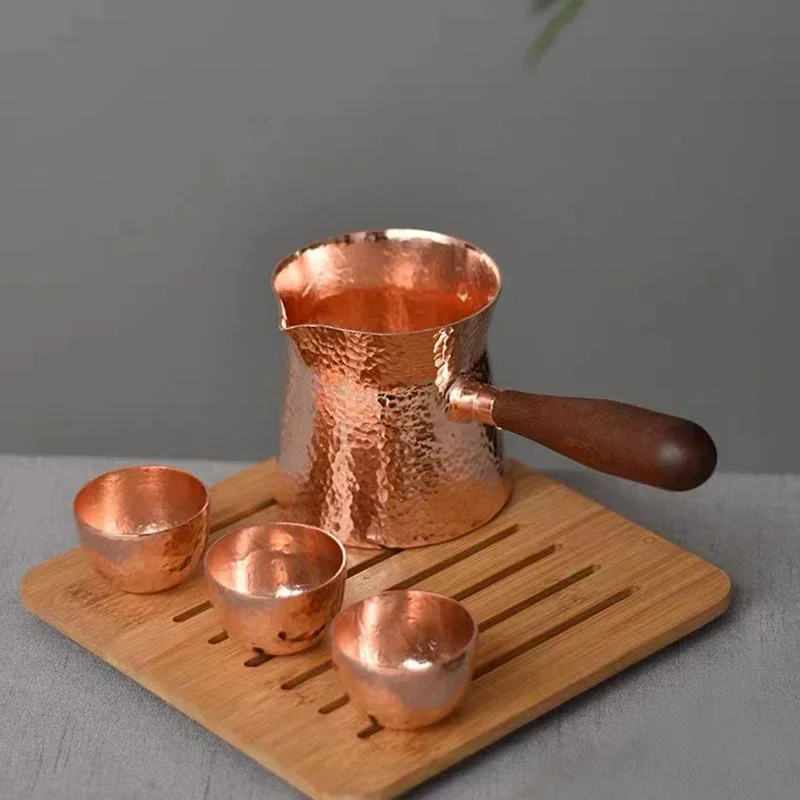 

400ML Pure Copper Pitcher Jug Tea Pot With Wooden Handle Kettles Hammer Handcraft Drinkware