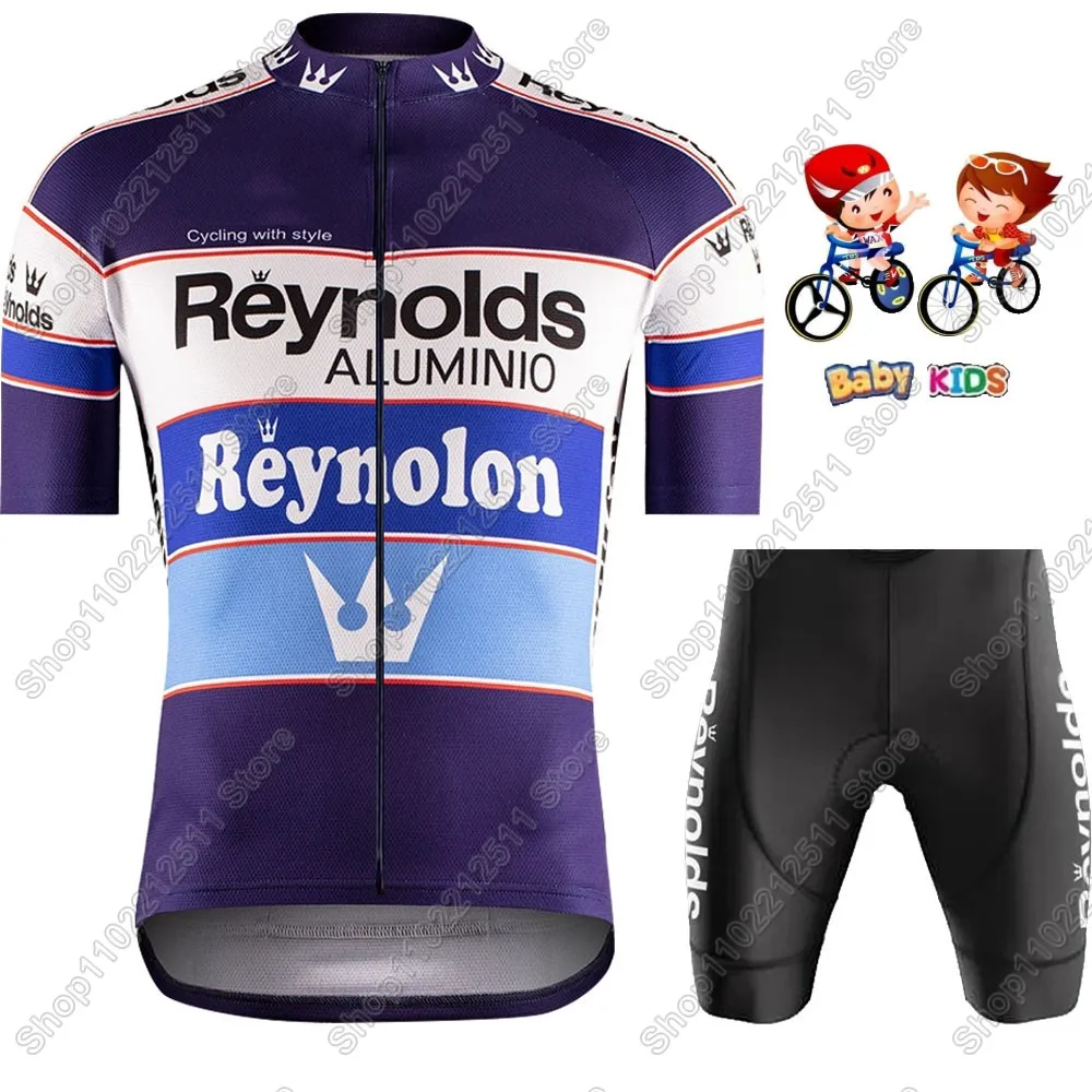 أطفال رينولدز 2025 فريق الدراجات جيرسي مجموعة بنين بنات ريترو فرنسا اسبانيا الدراجات ملابس دراجة أطفال دعوى الجبلية روبا مايوه