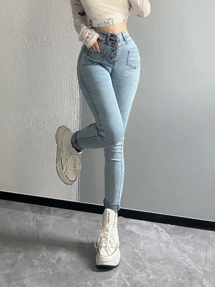 

Summer Light Blue High Waisted Multi Pocket Small Leg Denim Pants Women Slim Elastic Tight Fitting Lift Buttocks Jeans DPAE