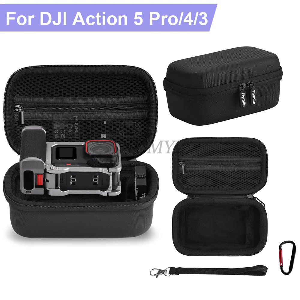 حقيبة حمل لـ DJI Action 5 Pro/4/3 حافظة سفر بسحاب مزدوج مع حلقة تسلق صندوق واقي حقيبة مقبض مضرب الشارع