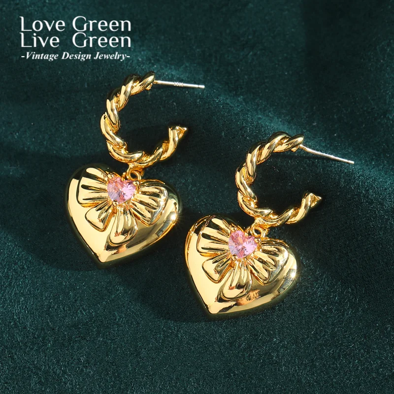 

Vintage Heart Drop Earrings Gold Color Pink Zircon High Designer Wedding Bride Jewelry Accessories For Women 2026 Wedding Party