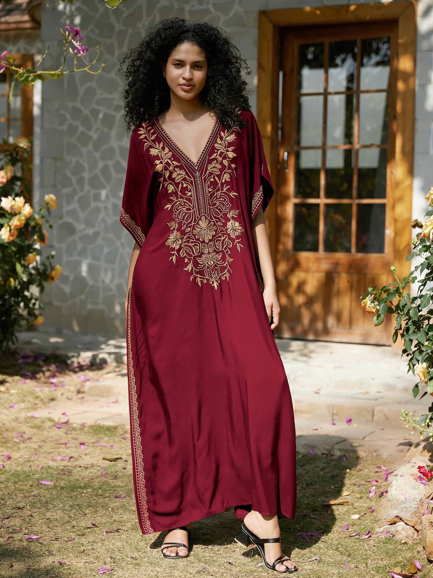 2024 Plus Size Women Dress V-neck Gold Embroidered Clothing Print Robe Summer Beach Cover-ups Casual Loungewear Maxi Dress Q1642