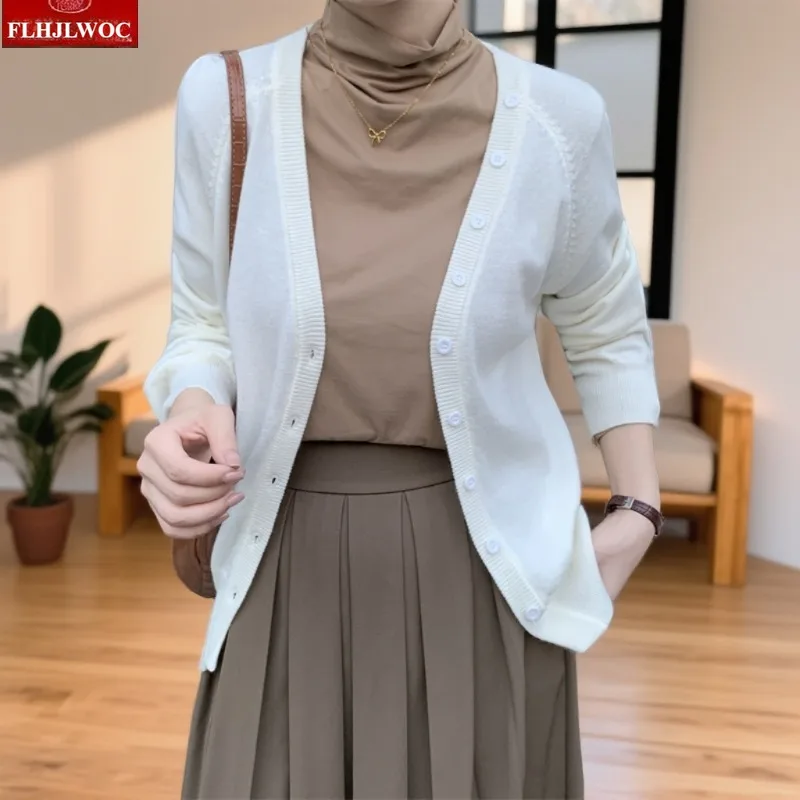 

Thin Cardigans Outerwear 2026 Spring Autumn Long Sleeve Casual Chic Korea Lady White Black Button Knit Cardigan Sweaters Coats