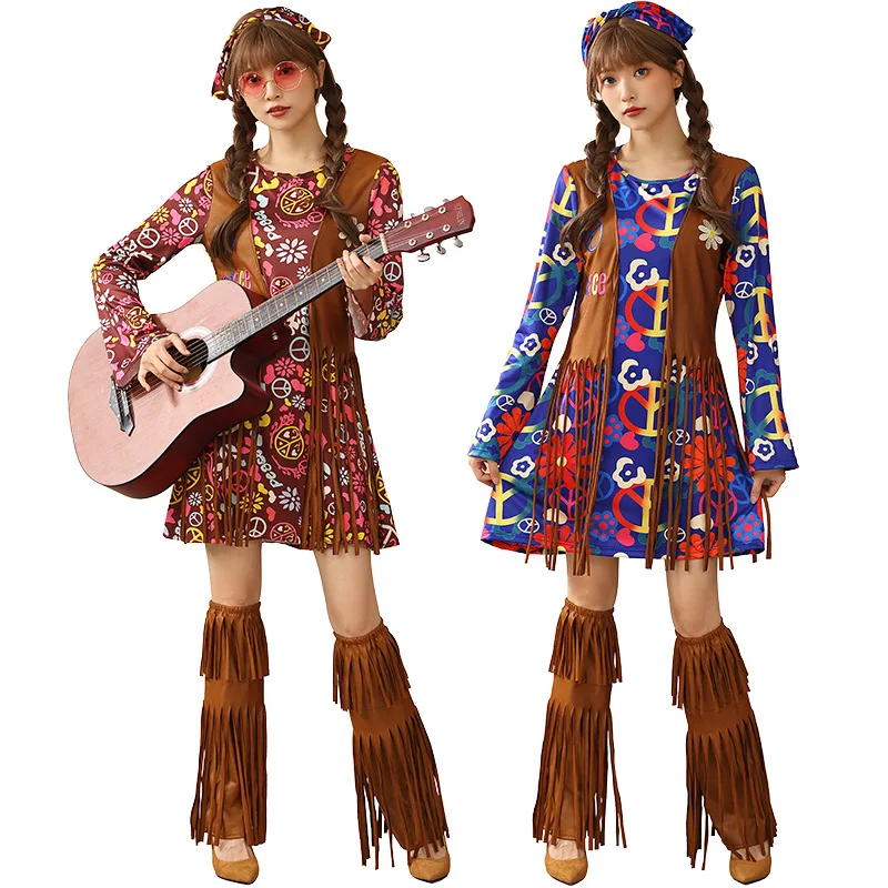 

Hippie Cosplay Costume Women Peace Love Girls Party 60s 70s Hippie Stage Wear Clothes Indian Tassels Hippie Performance