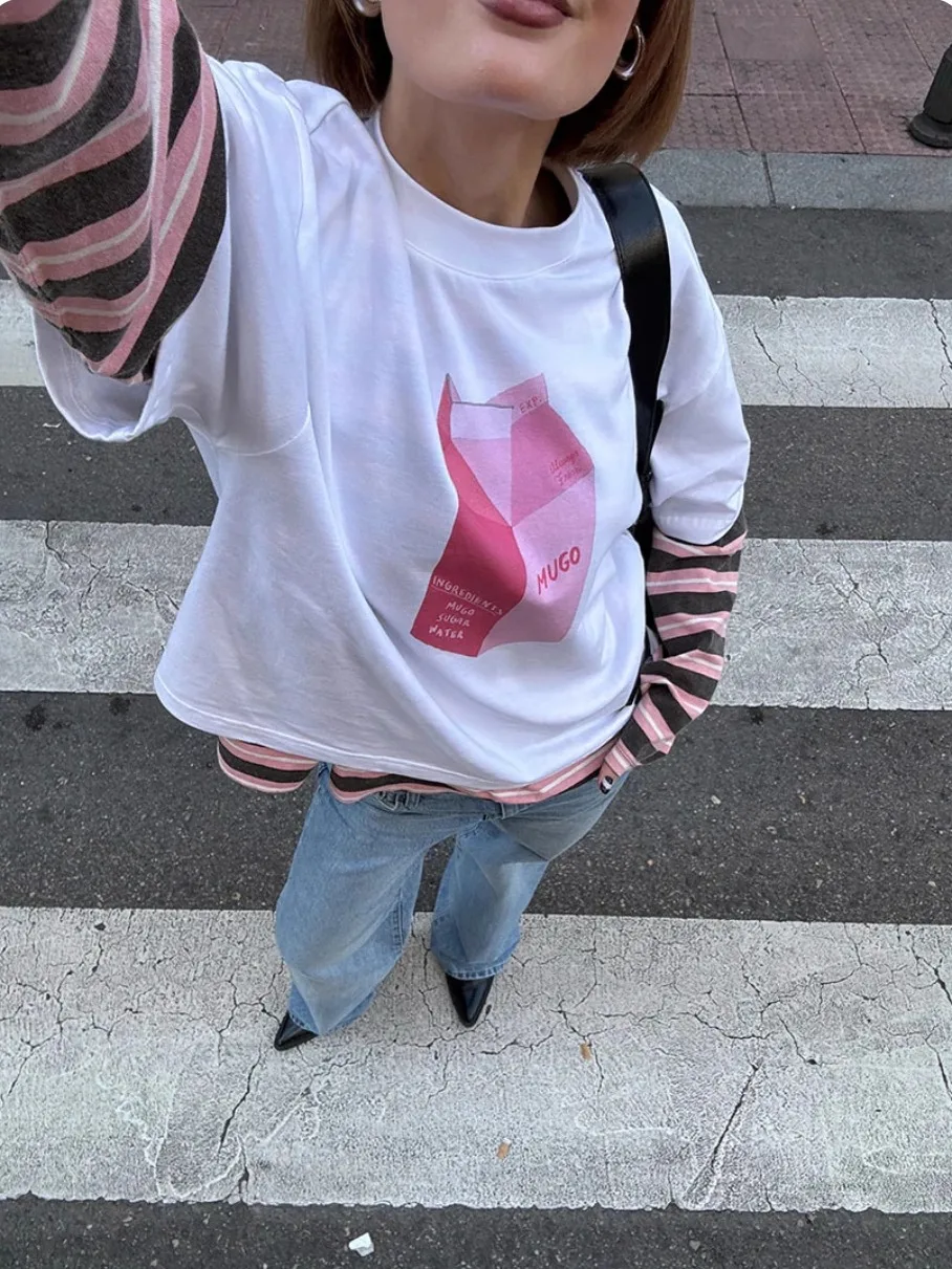 JHYF American Retro Vintage Design Loose Short Sleeve T-Shirt Women's Trendy Milk Beverage Print Hot Girl Oversize Cotton Sum...