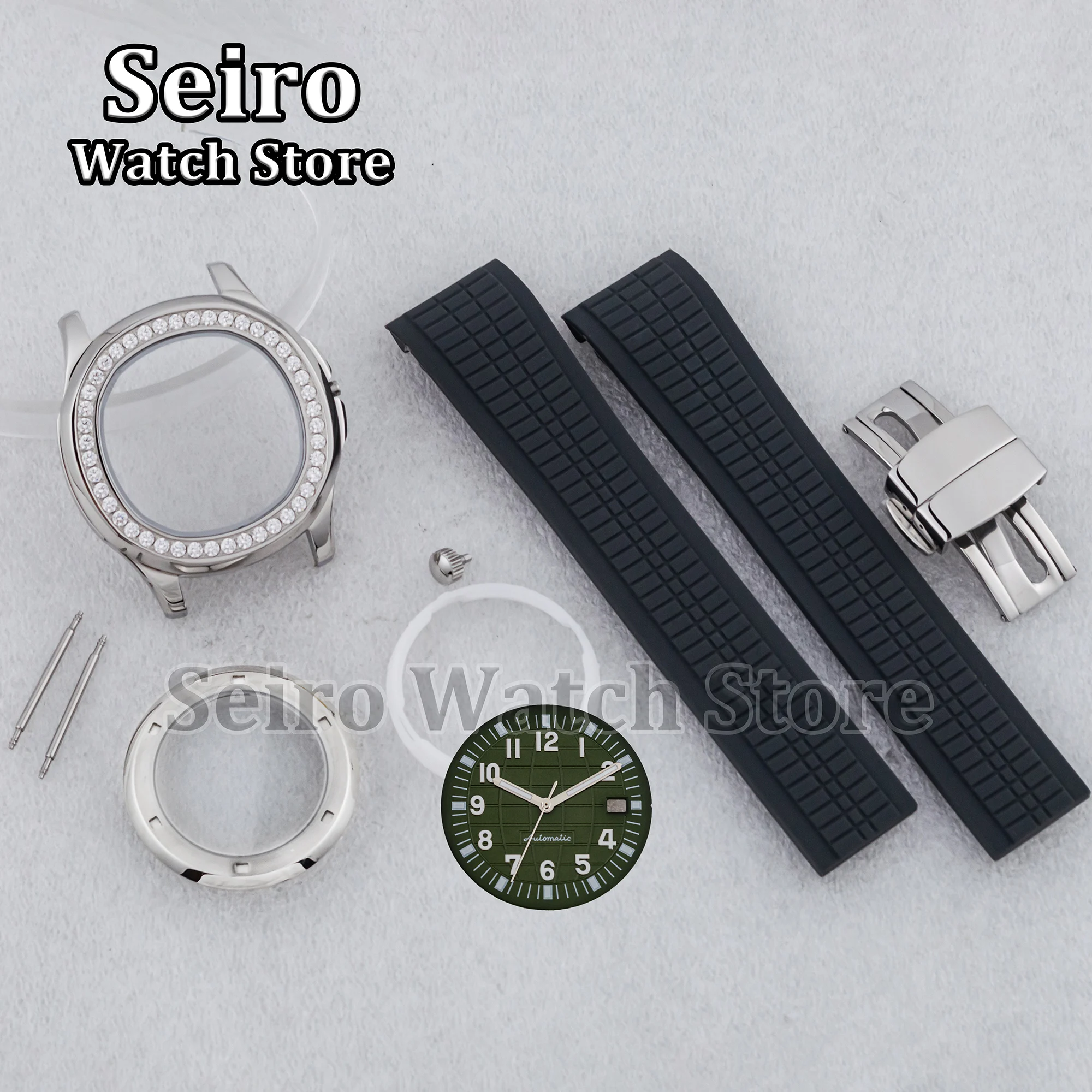 42MM Watch Diamond Case Rubber Strap 32MM Luminous Dial Hands Green Gray Bracelet for AQUANAUT Nautilus NH35 NH36 Movement