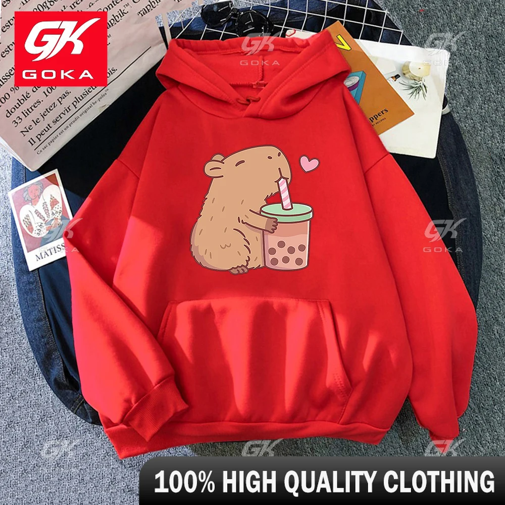 Kawaii  Bubble Tea Capybara Hoodie Women Men Aesthetic Graphic Funny Hoodies Unisex Autumn Winter Harajuku Pullovers Top Hoodies