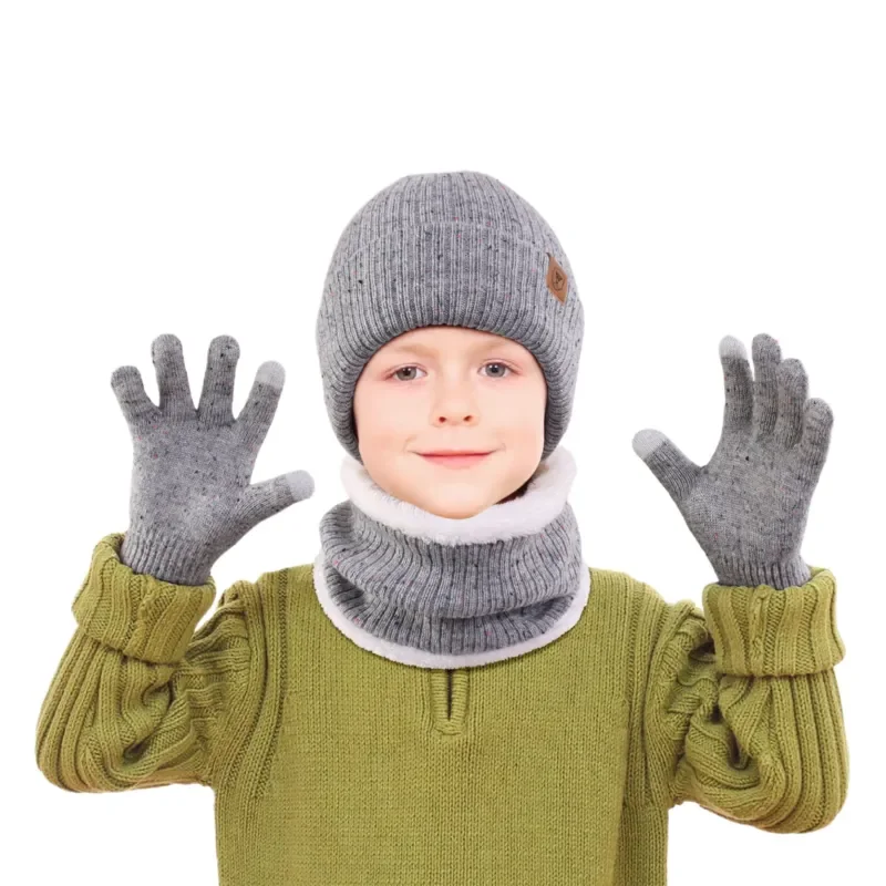 Kids Winter Knitted Wool Hat Scarf Gloves Set 3 Piece Solid Color Cute Baby Warm Beanie Mitten Neck Warmer Gift for Boys