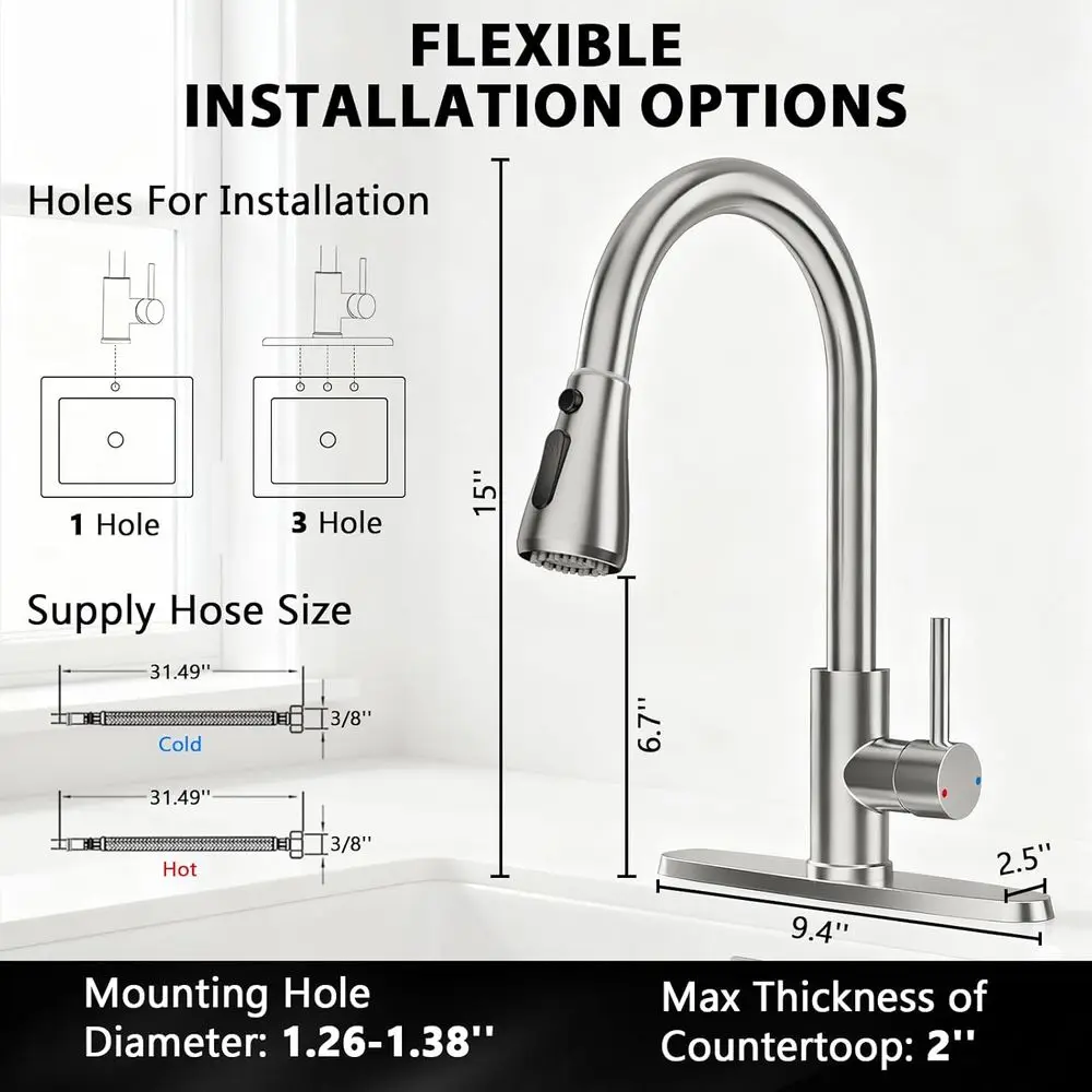 صنبور مطبخ بخاخ قابل للسحب، من الفولاذ المقاوم للصدأ بقوس عالٍ، مقبض واحد لأحواض واحدة أو 3 فتحات، لمسة نهائية من النيكل المصقول، مناسب f