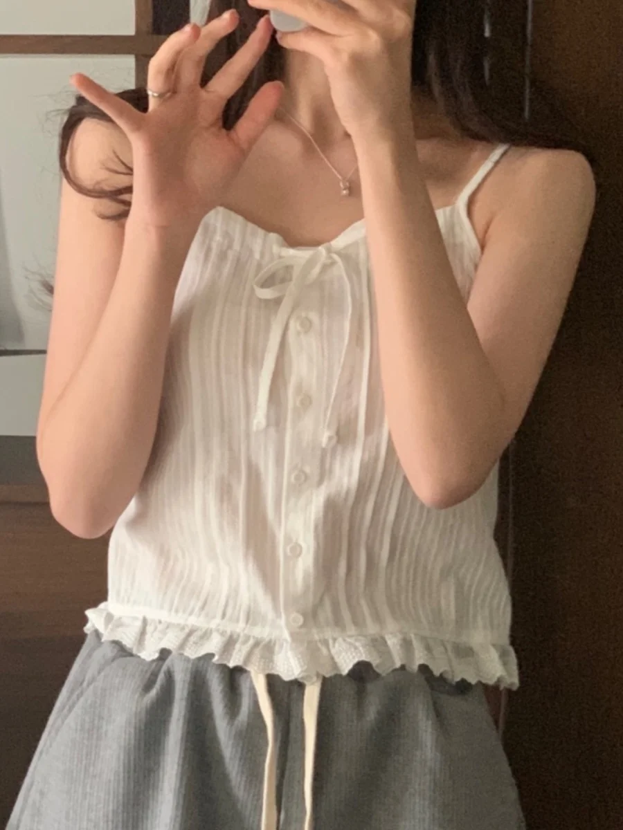 

Lace Trim Vest Women Vintage Belted Single Button Commute Age Reduction Summer Cotton Tops Elegant Casual Office Blouse