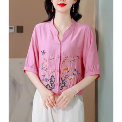 2024 New Women's Summer Cotton and Linen Embroidery Splicing Stand Collar Fashion Loose and Versatile Short Sleeve Shirt Tops