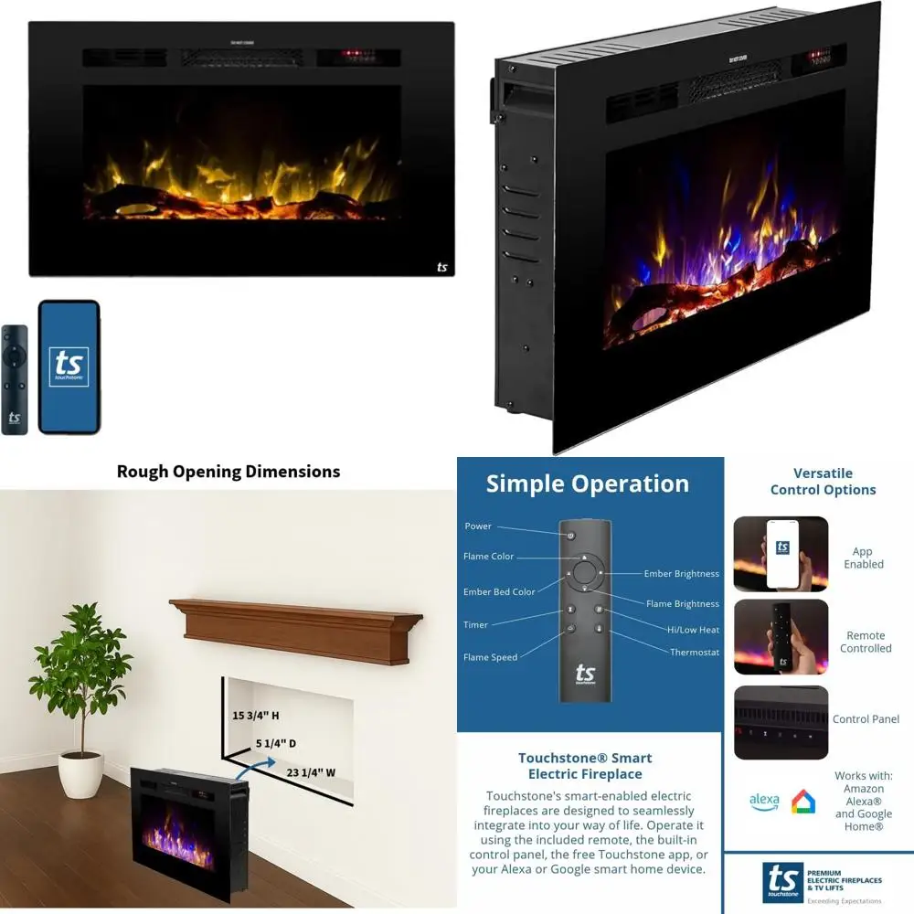 

28 Wall-Mounted Electric Fireplace with 30 Flames/Ember Colors, 1300W Heat - Touchstone Smart Fireplace