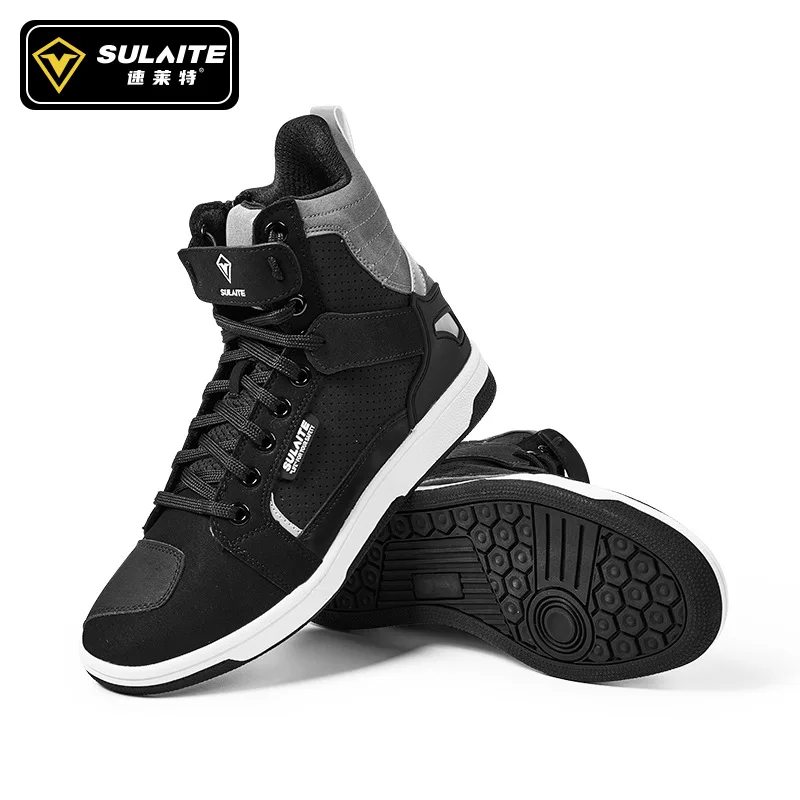 SULAITE B1 Motorcycle Shoes Men Breathable Riding Sneakers Anti-slip Sole Ankle Support Reflective Outdoor Moto Gear Black Grey