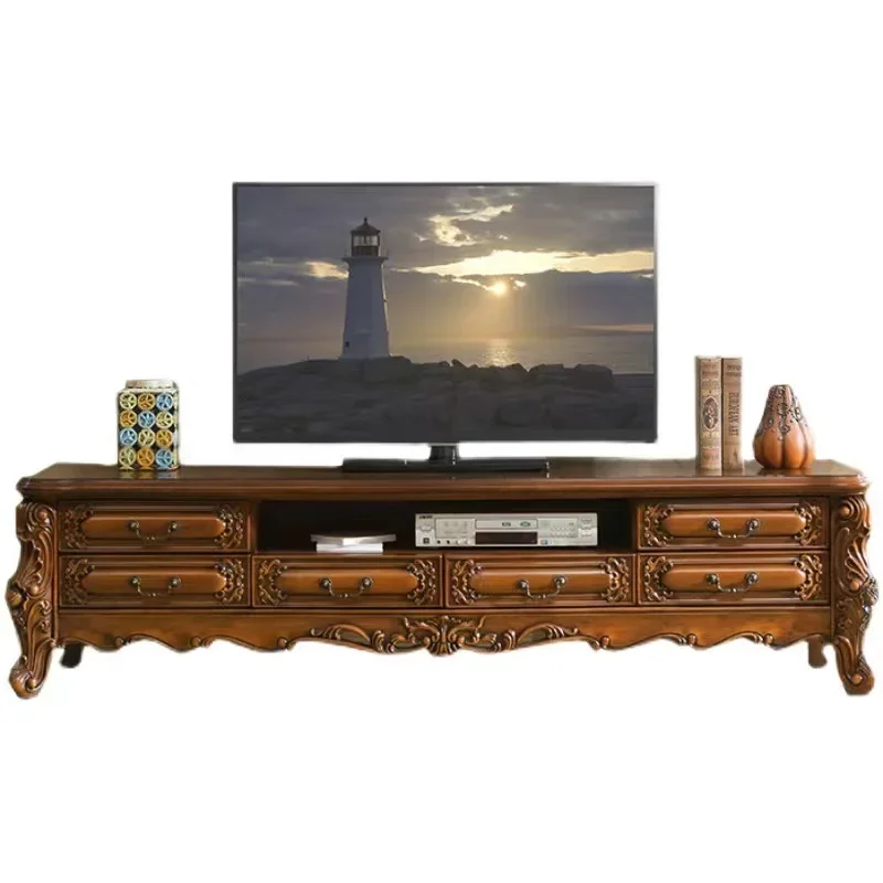 

Solid Wood TV Cabinet Dark Floor Cabinet Tea Table Combination Villa Marble Cabinet