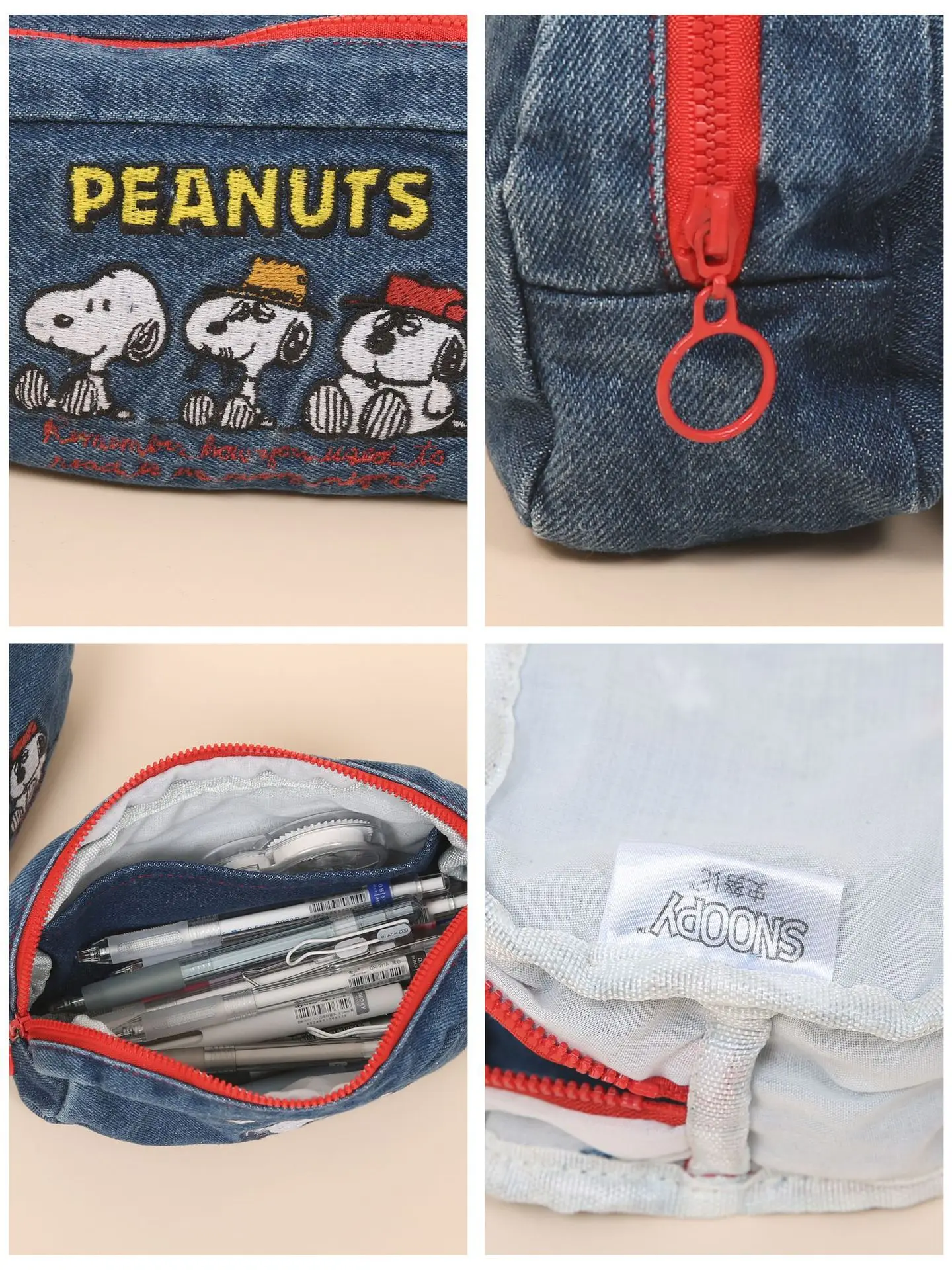 Authentic Snoopy Pen Bag Student Wash Denim Large Capacity Savings Stationery Bag Children\'s Cartoon Snoopy Embroidery Pen Bag