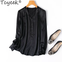 Tcyeek 100% Mulberry Silk Shirt Elegant Women's Shirts Spring Summer Clothes 21MM Silk Womens Tops Black Shirt Рубашка Женская