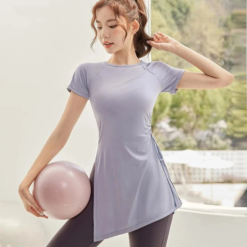 Women Loose Yoga Shirt Short Sleeve Sports Shirt Side Pleats Workout Running Top Sexy Gym Yoga Wear Push Up Exercise Top