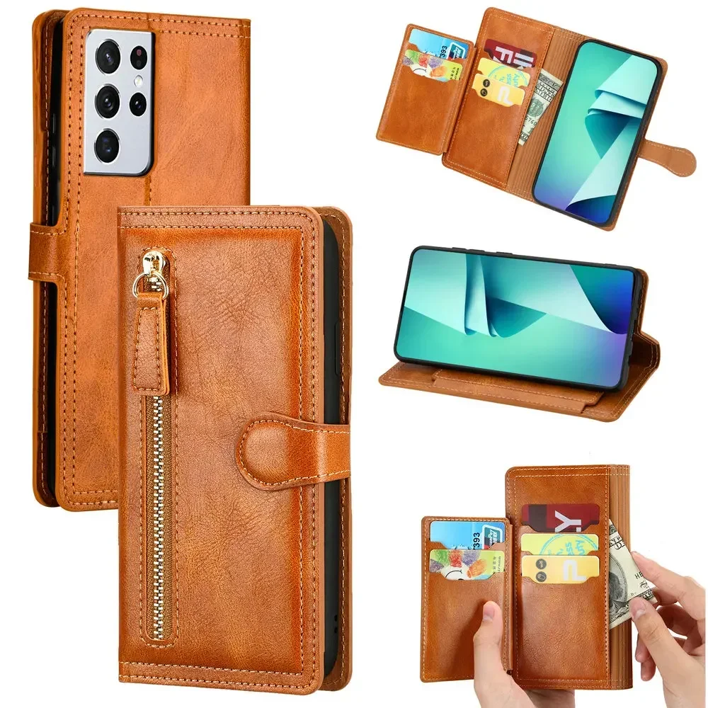 Zip Leather Flip Case for Samsung S24 S23 S22 Ultra S 21 Plus S20 FE 5G Luxury Coque Galaxy A55 A54 A34 S10 24 A35 A25 S25 Ultra
