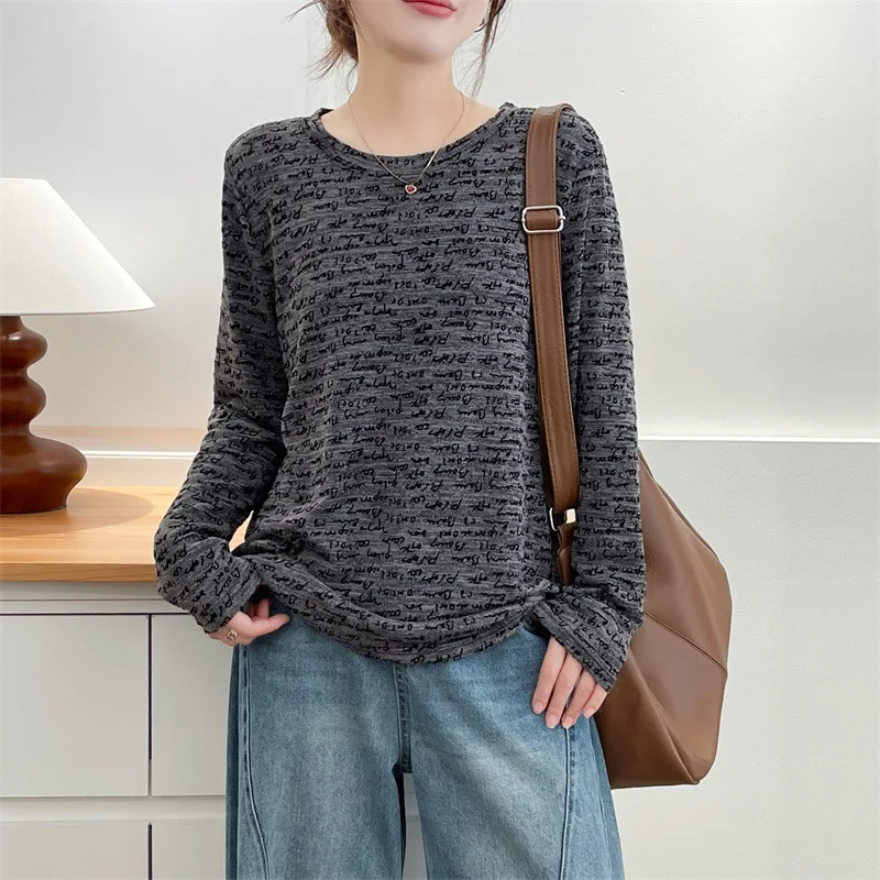 

XXXXL модная женская футболка больших размеров, осень 2021, новый топ с круглым вырезом в жаккардовую полоску и длинными рукавами, базовый топ 8068