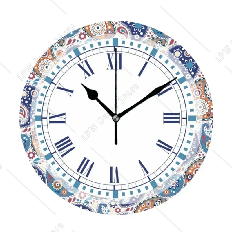 Retro 1970s Bohemian Style Bandanna Paisley Print Pattern Wall Clock Big Watch for Living Room Bedroom Home Decor Gift