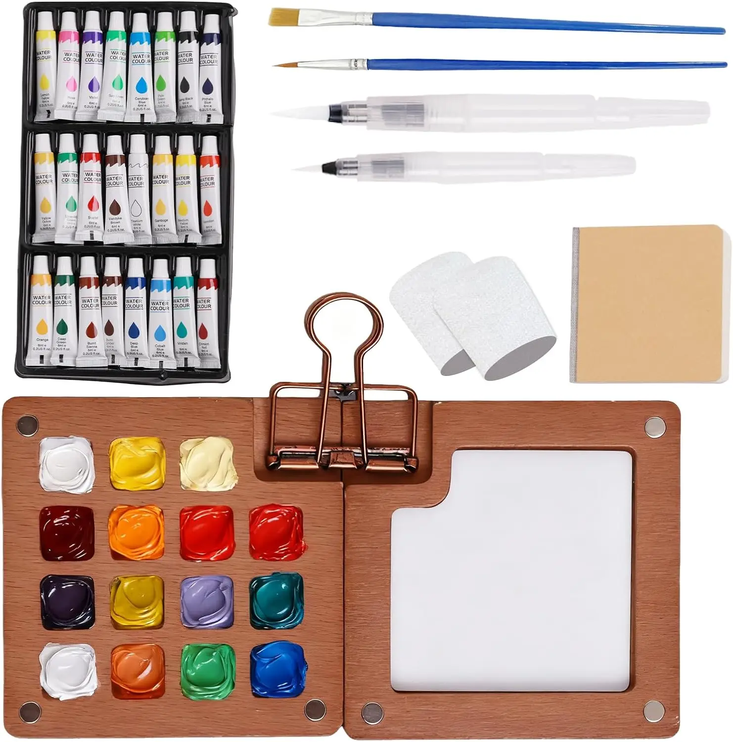 

Mini Watercolor Travel Set, Pocket Watercolor Set, Water Color Paint Kit with Wrist Towels, Paint, Brush & Sketchbook, W