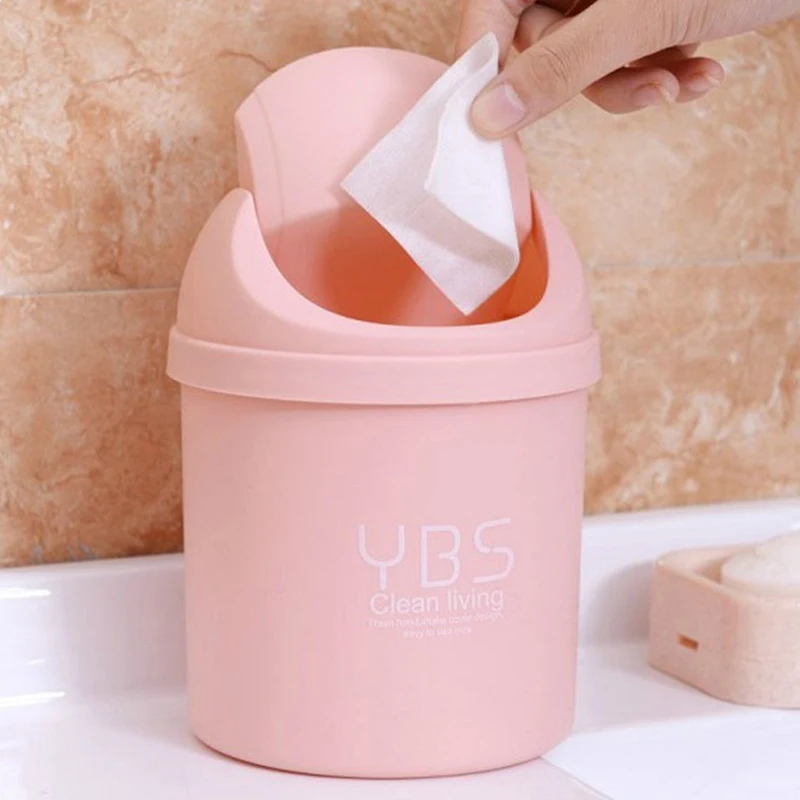 Desktop Mini Plastic Waste Garbage Can with Lid, Stylish Countertop Trash Bin Table Waste Paper Basket Round Small Trash