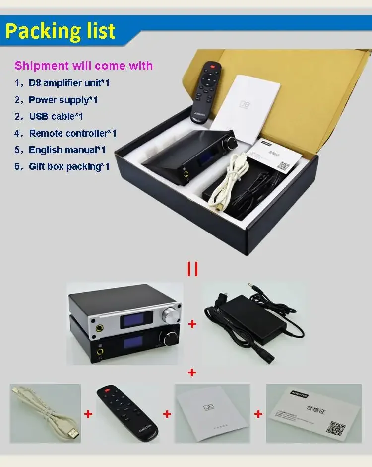 2022 Alientek D8/D502BT Full Digital Audio Headphone Amplifier Input USB XMOS/Coaxial/Optical/AUX 80W*2 24Bit/192KHz DC19V/4.3A