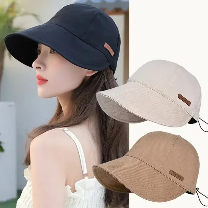 Women's Foldable Sunhat Summer Outdoor Beach Fisherman Hat Sunscreen UV Protection Cap Adjustable Cotton Wide Brim Bucket Caps