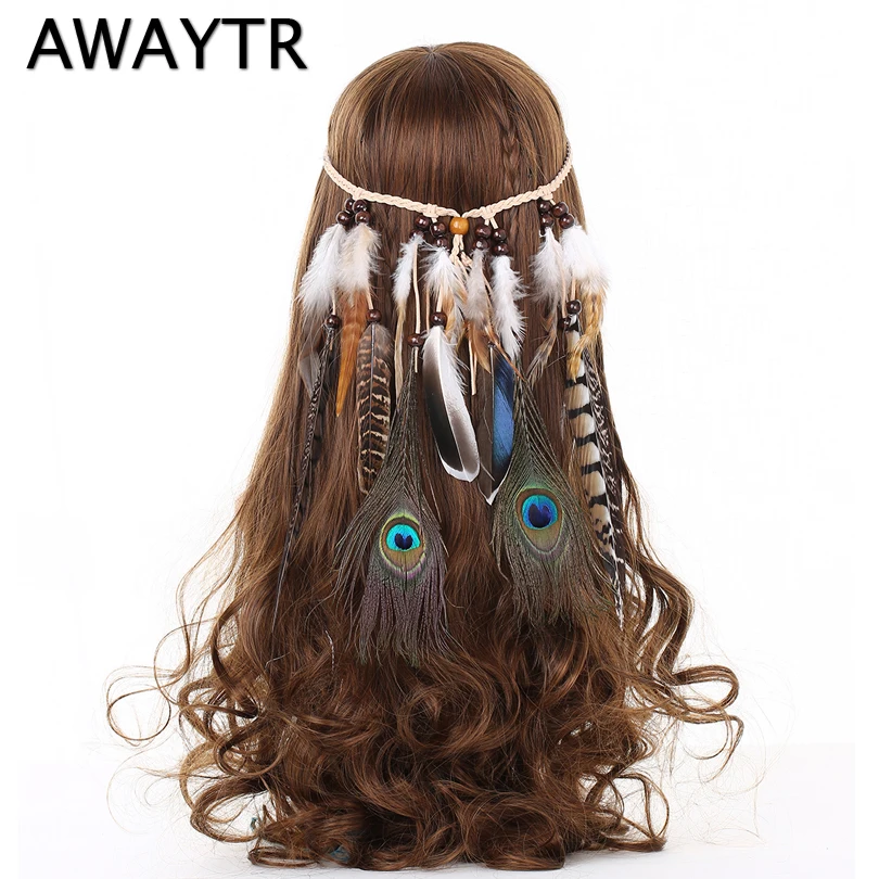 AWAYTR AWAYTR Boho Feather Headband for Women Peacock Feather Hairband Fashion Girls Festival Beads Feather Hair Accessories