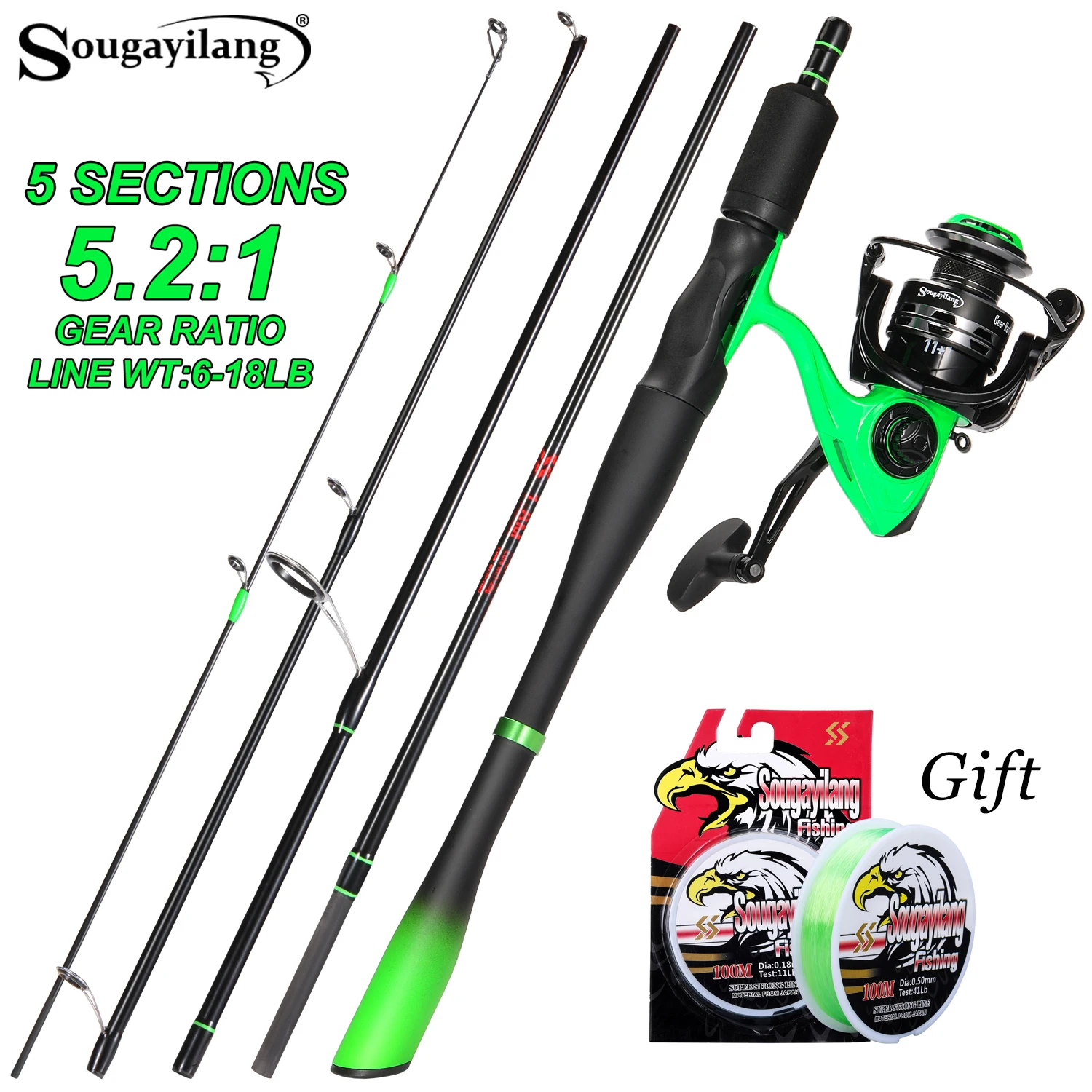 

Комбинированная катушка для удочки Sougayilang 1,8-2,4 м, ультралегкая карбоновая портативная удочка и спиннинговая катушка с передаточным числом 5,2:1, рыболовные снасти