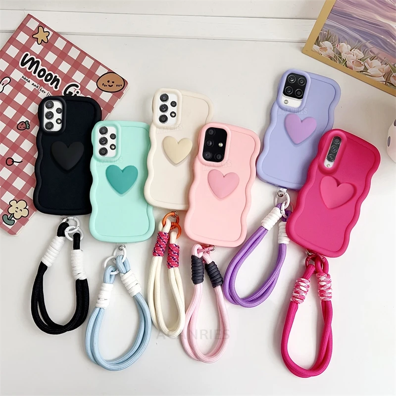 A 52 53 13 23 33 Love Heart Wavy Silicone Case For Samsung Galaxy A52 A53 A13 A23 A33 A73 A32 4g A12 Lanyard Wrist Strap Cover