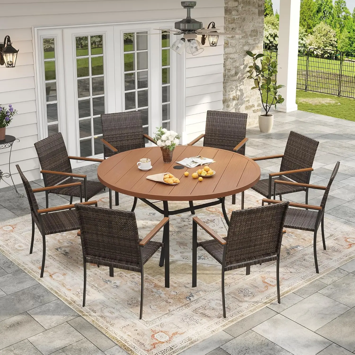 Round Patio Dining Set 9 Piece Metal Table with Storage Shelf & 8 Wicker Stackable Chairs for Yard Garden Walnut, Customized