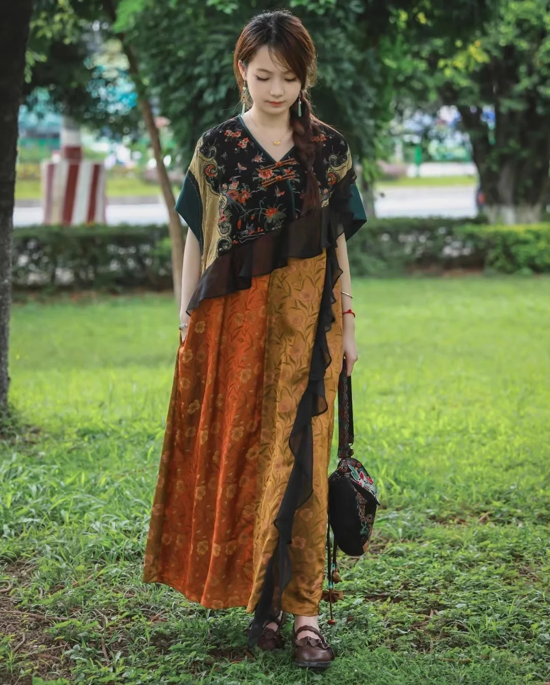 Luxury Robe Dress Classical printed patchwork V-neck loose short sleeved dresses fashion summer dresses Ethnic style long dress