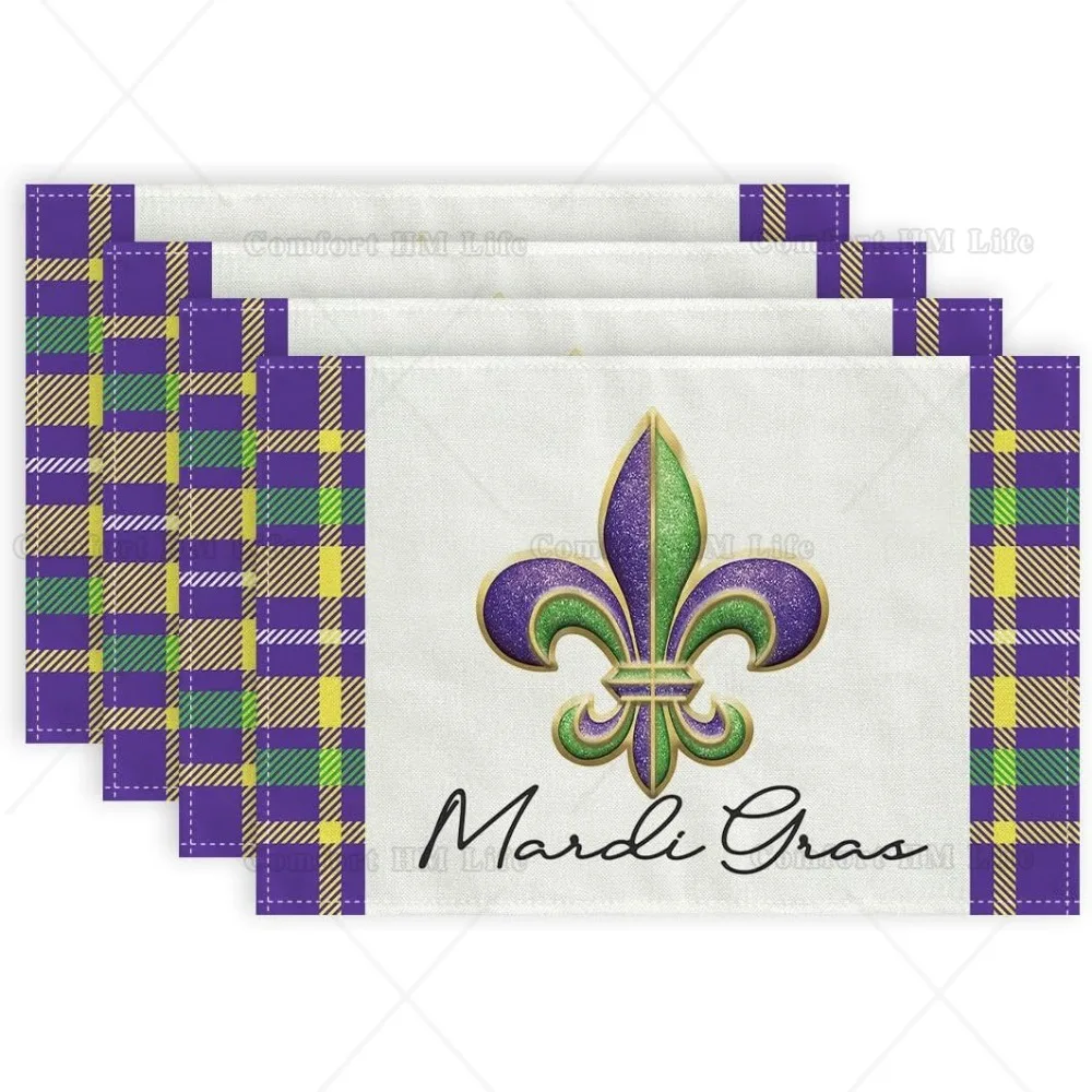 Mardi Gras Carnival Placemats 12X18 Inch Set of 4 Fleur De Lis Seasonal Farmhouse Burlap Indoor Kitchen Dining Table Mats Decor