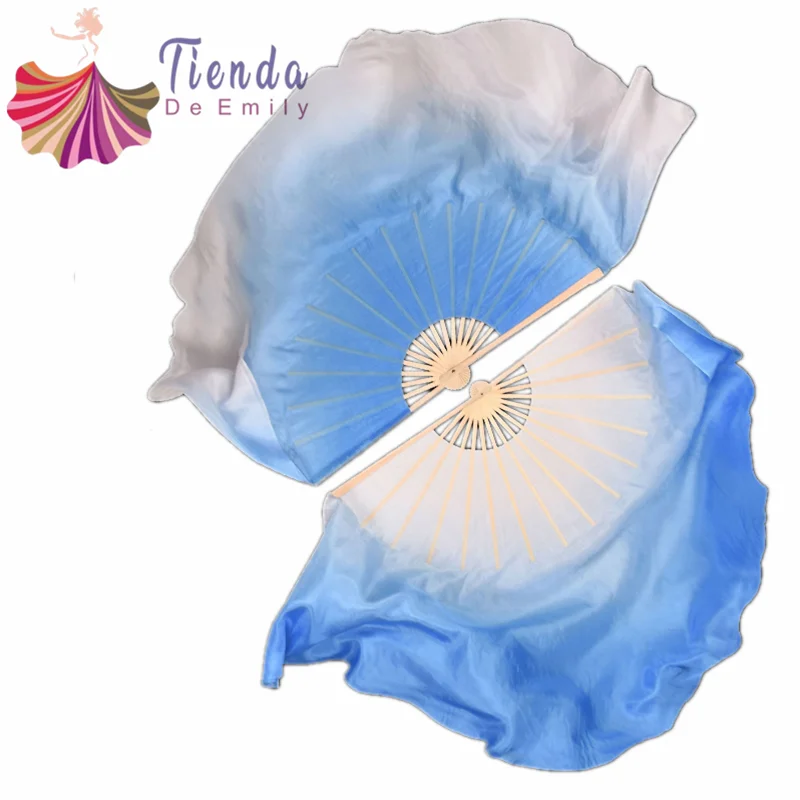 Light Blue Silk Veil 1Pair Real Silk Bamboo Double-Sided Chinese Yangko Performance Fan Veil Half Circle Mon Round Shape Flowy