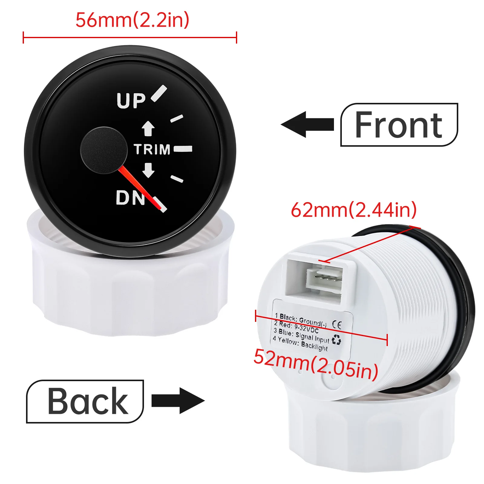 Boat Universal 52mm 0-190ohm Trim Gauge Marine Trim Tilt Indicator with Red Backlight for Inboard Outboard Engine Left Right