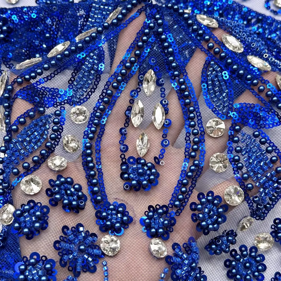 African Groom Lace Fabric High Quality French Nigerian Sequins Beaded Rhinestone Geometric Tulle Lace for Wedding Party Dress