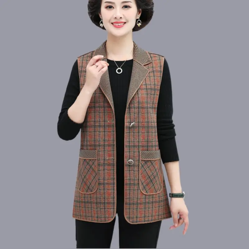 

Women's Spring Autumn Thin Plaid Vest 2025 Versatile Suit Collar Bal Mid-Length Mommy Sle Commute Faion Casual Top