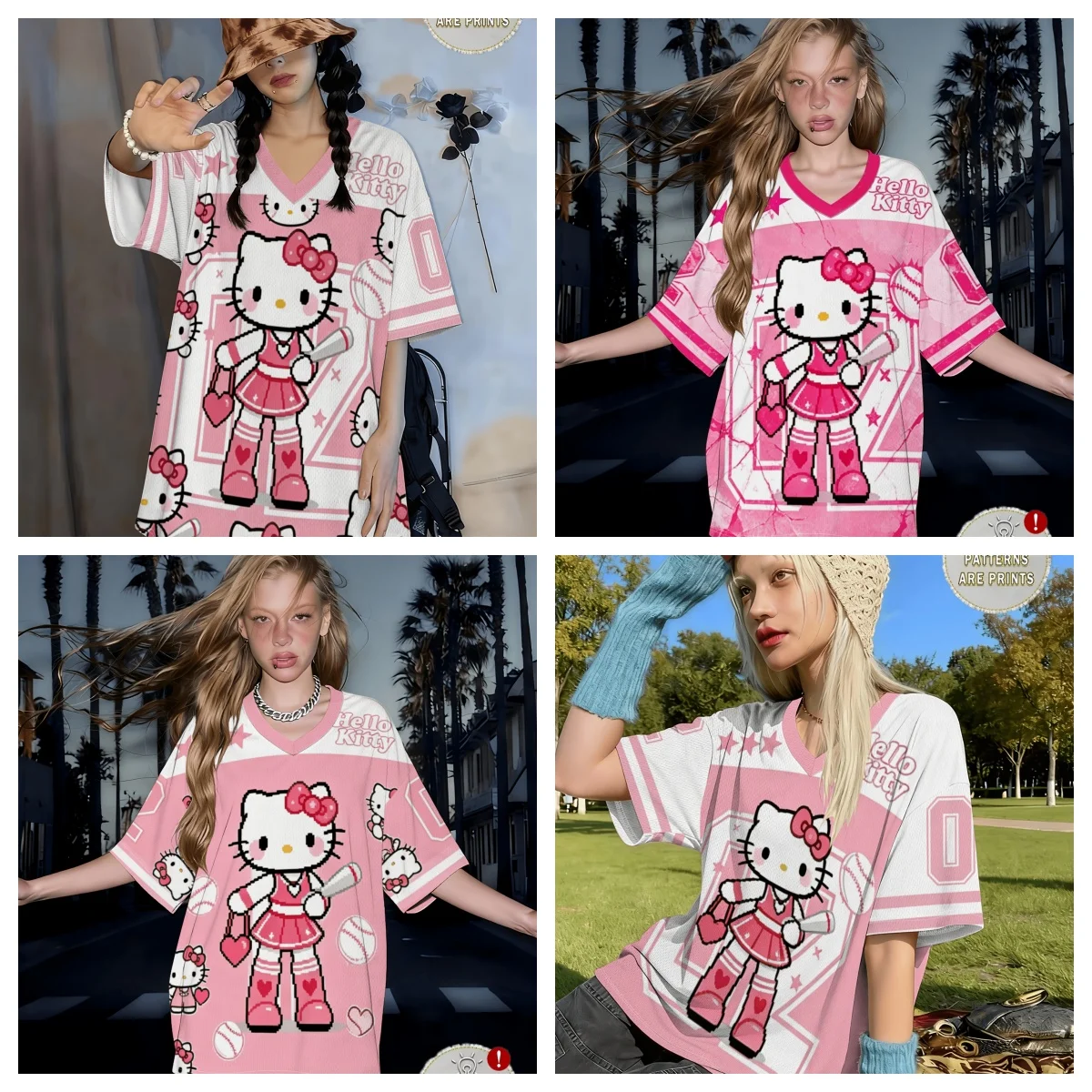 2026 Women's Hello Kitty Baseball Jersey T-shirt 3D Print V-neck T-shirt Loose Oversized Casual Streetwear Top FamilyMatching