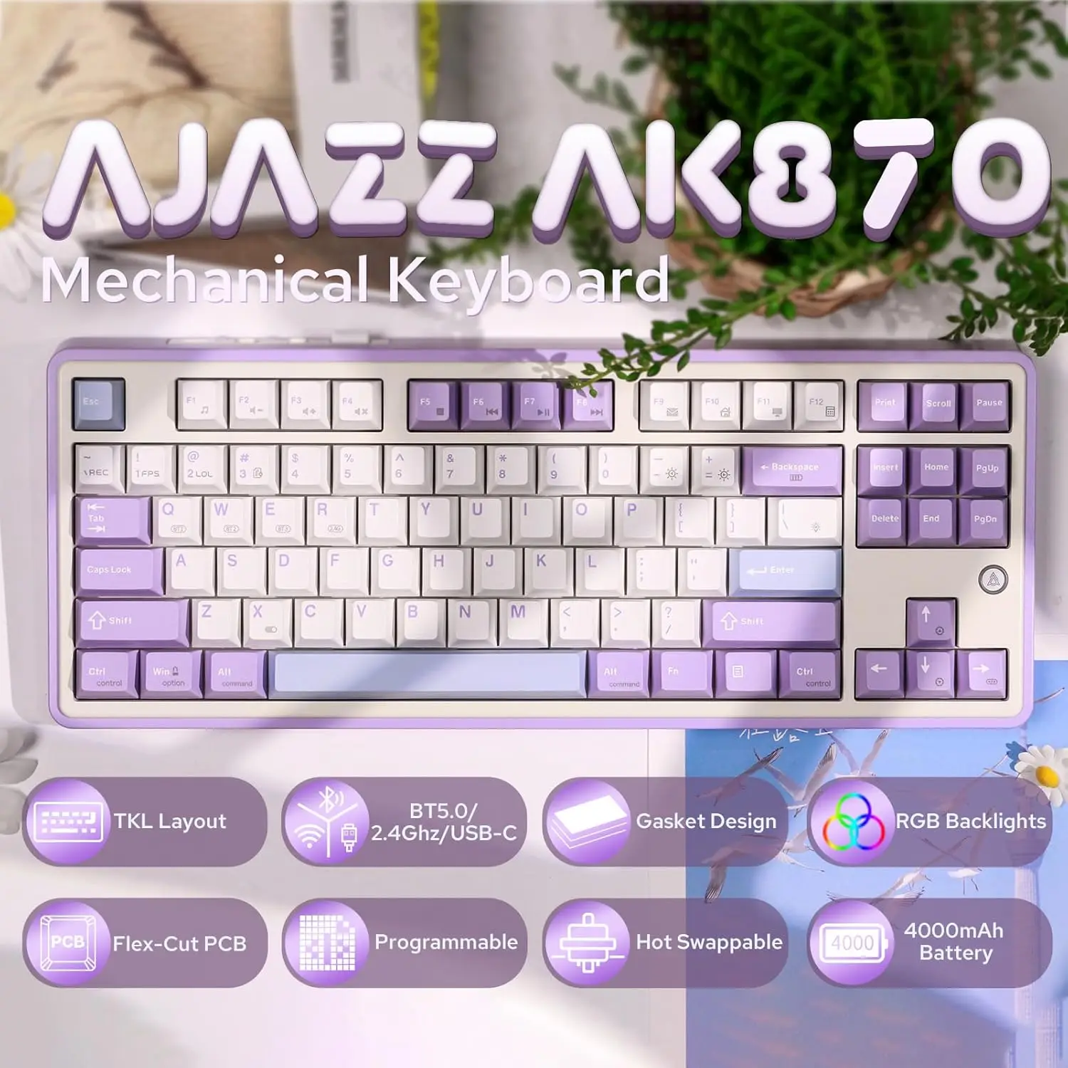 Tastiera meccanica AJAZZ AK870, wireless 3 modalità, schermo TFT sostituibile a caldo, 87 tasti (con estrattore per copritasti), BT5.0/2.4GHz/USB-C