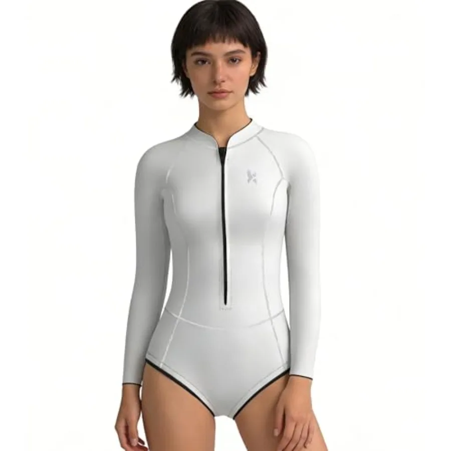 

Womens long sleeve shorty wetsuit for swimming, surfing, diving, scuba, kayaking; 2mm neoprene; black; front zip, flexible and