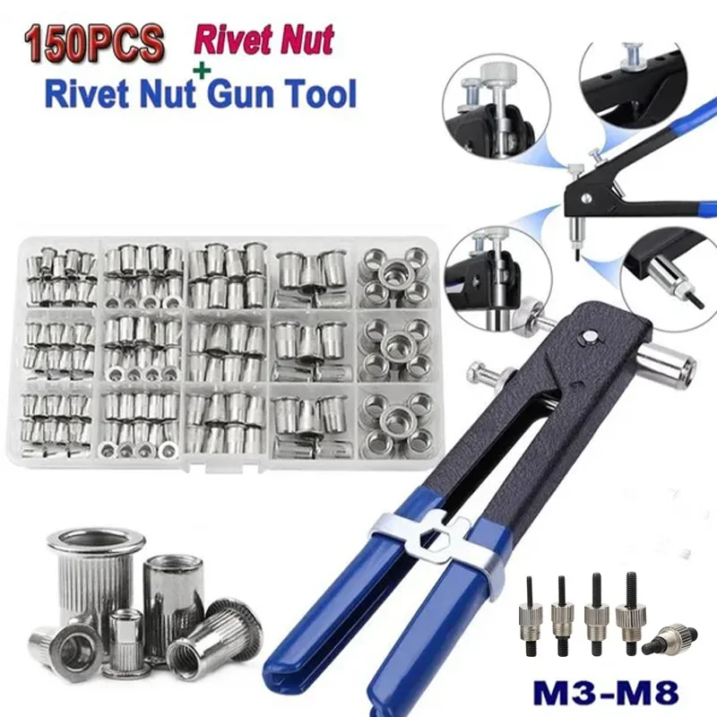 

150pcs Rivet Nuts Gun Mandrel Kit M3/M4/M5/M6/M8 or Nut Rivet Mandrel Repair Tool Rivet Gun Flatheadscrew Pop Nut Rivet Gun Set