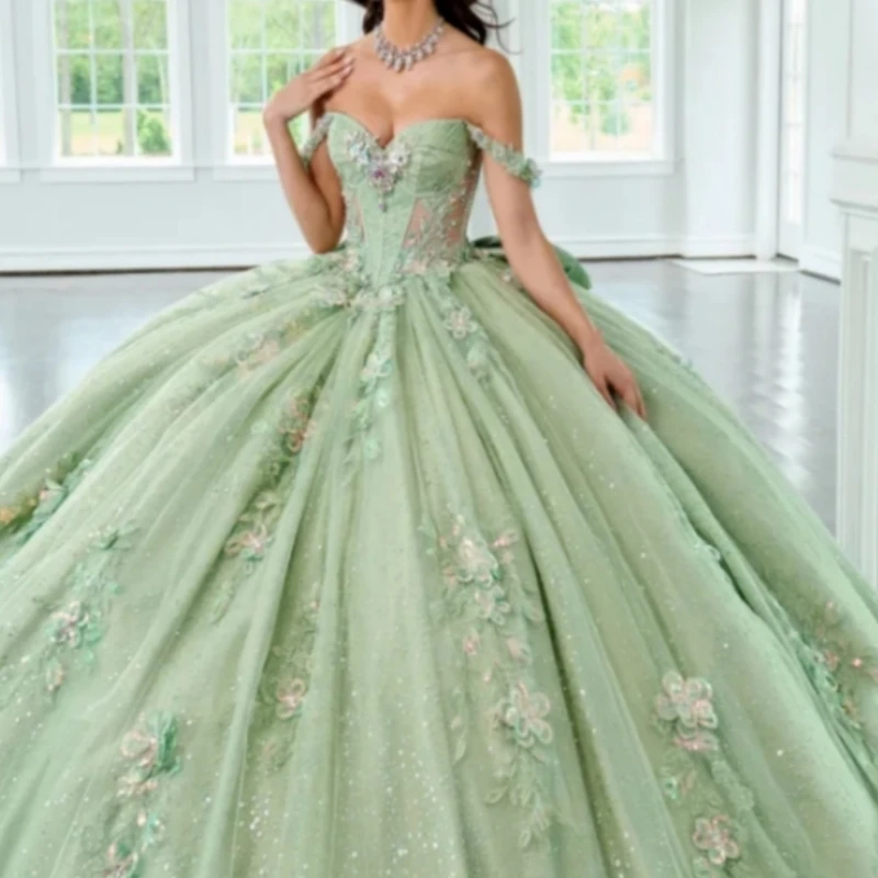

Mint Green Shiny Ball Gown Quinceanera Dresses Appliques Lace Beading Crystal Bow Tull Party Birthday Corset Vestidos 15 De Anos