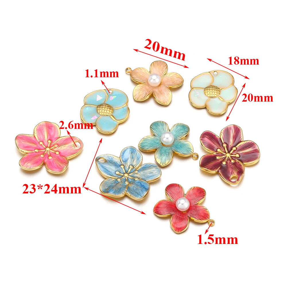 5pcs Stainless Steel Enamel Flower Peral Charms Pendants for DIY Jewelry Necklace Materials Findings Bracelets Bulk Accessories