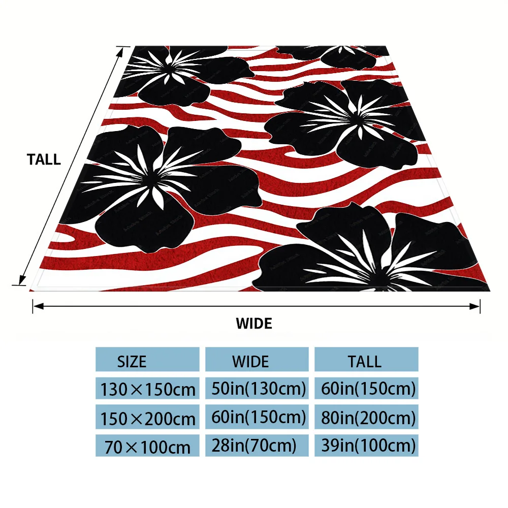 Black Hibiscus Red Wave Stripe  Sofa Specific Soft Flannel Blanket, Universal Plush Gift Blanket For All Seasons