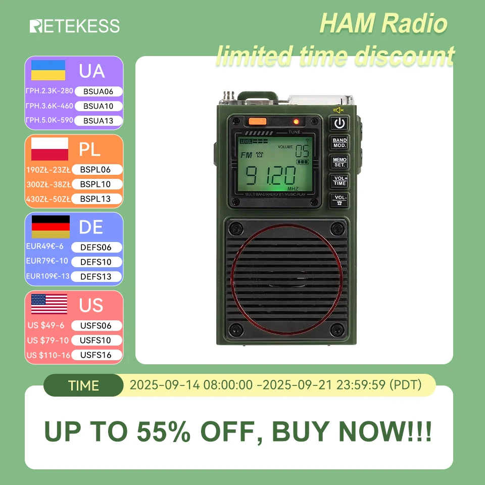 

Retekess TR111 Radio FM Portable Radios AM FM Mini Ham Radio Shortwave Emergency Amateur Radio Multiband SW VHF WB Alarm Clock