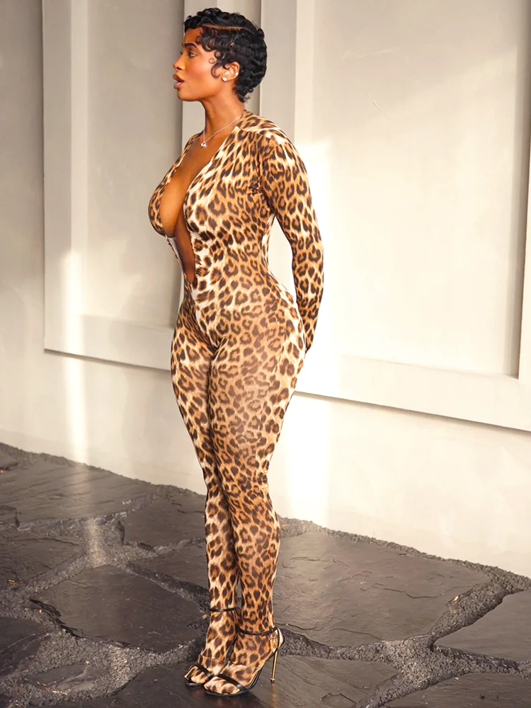 Kliou ليوبارد طباعة حللا امرأة العميق الخامس الرقبة الانقسام عارية الذراعين كم كامل نحيل الخوخ الورك الساخن الفتيات الشارع مثير وزرة