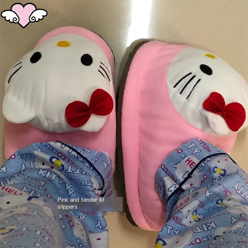 Sanrio Y2K Hello Kitty Plush Cotton Shoes Women Kawaii Anime Kt Big Head Slippers Flat Pink Winter Cute Student Girl Sweet Gift