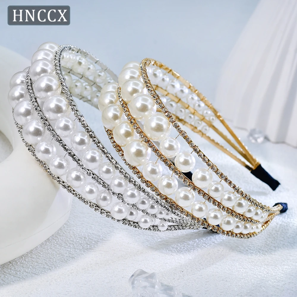 

YouLaPan Minimalist Bridal Wedding Rhinestone Head Hoop Handmade Double Ayer Pearl Hair Accessories Women Daliy Headpiece HP400