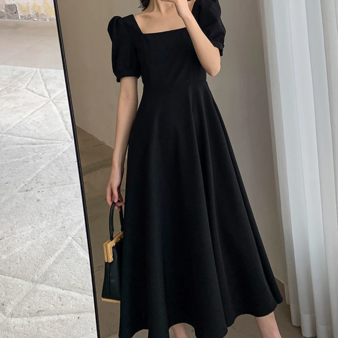 

Women's Vintage Square Neck Pleated Short Bubble Sleeve Dresses Knee A-Line Hut Party Swing Long Dresses